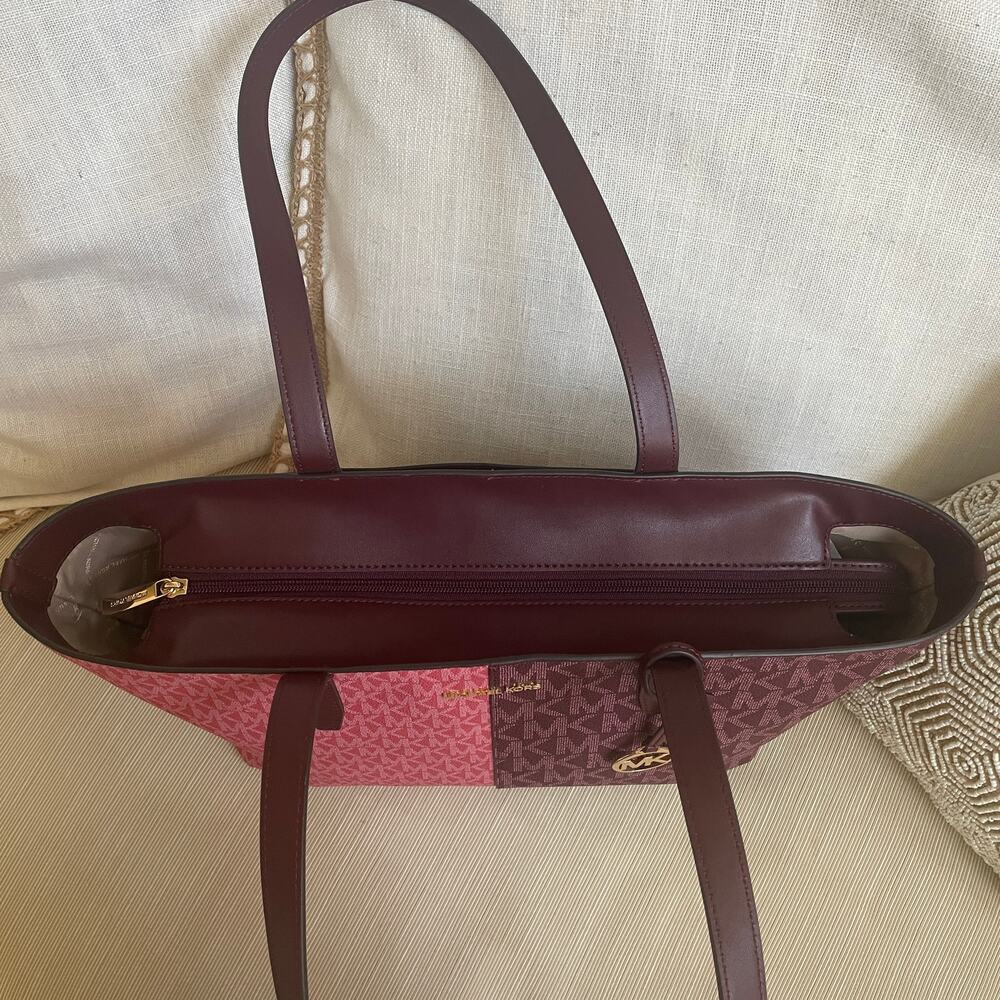 Michael Kors Jet Set Medium Tote | Colorblock MK Logo Pink Burgundy - Picture 12 of 14